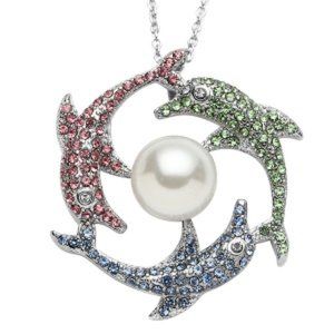 Shell Pearl and Multi Color Austrian Crystal Dolphin Pendant Necklace 20 Inches